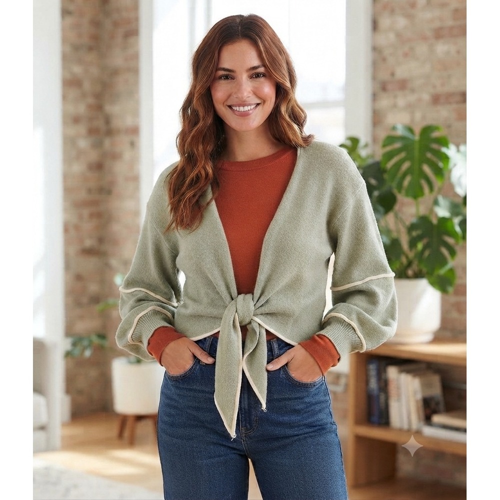 Sage Green Tie Front Cropped Cardigan Lantern Sleeve Sweater Sz M